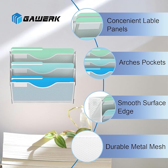 Gawerk 3 Tier Hanging Wall File Organizer, Mesh Mail Paper Orgnization Hanging - Image 3