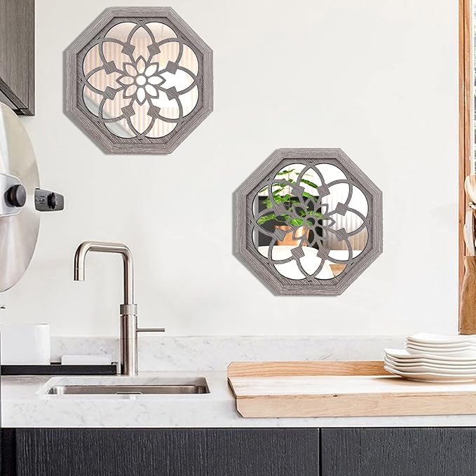 ZOLAPI 2 PCS Octagon Wall-Mounted Mirrors, Vintage Farmhouse Mirror - Image 4
