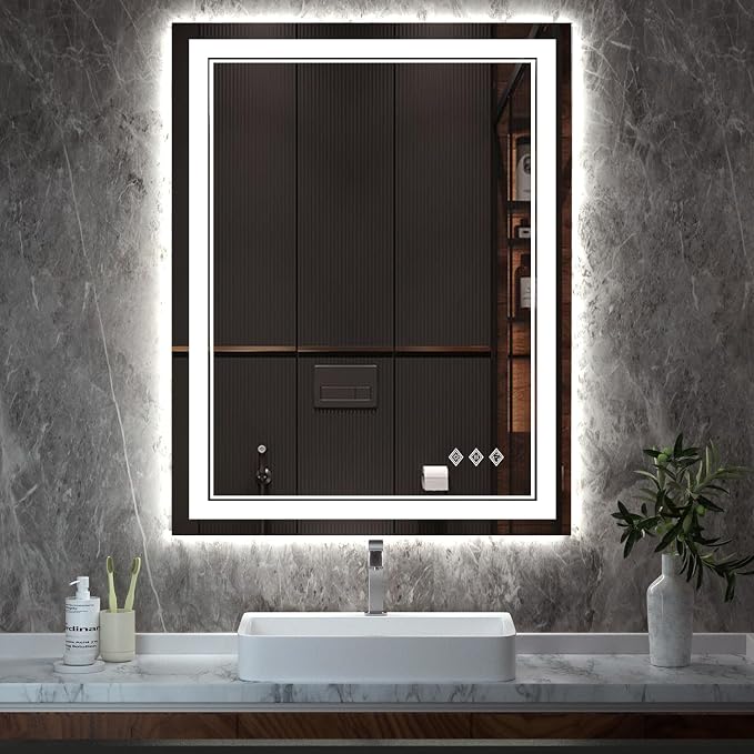 LED Mirror, 28x36 Inch Gradient Front and Backlight Lighted Mirror, 3 Colors by VanPokins-GlobalHighEndLEDBathroomMirrorBrand