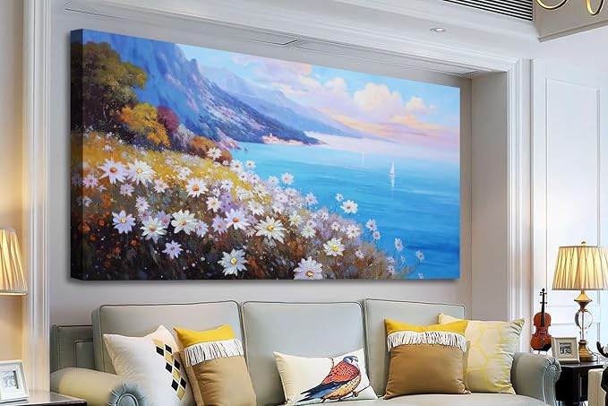 Anolyfi Coastal Landscape Wall Art Nature Flower Mountain Canvas Painting Blue - Image 2