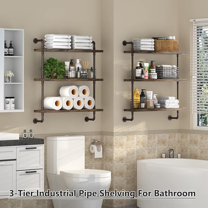 Helsin 3 Tier Industrial Pipe Shelf Rustic Wood Floating Shelves, Wall Display - Image 2