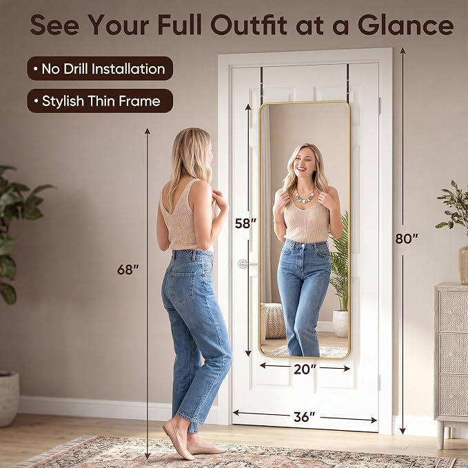 Antok 58"x20" Over the Door Mirror, Full Length Mirror Door Hanging - Image 2