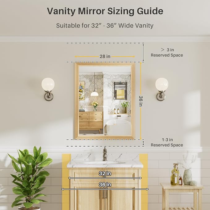 28x36 Inch Bathroom Mirror for Wall, Anti-Rust Oak Wood Grain Metal Framed - Image 2