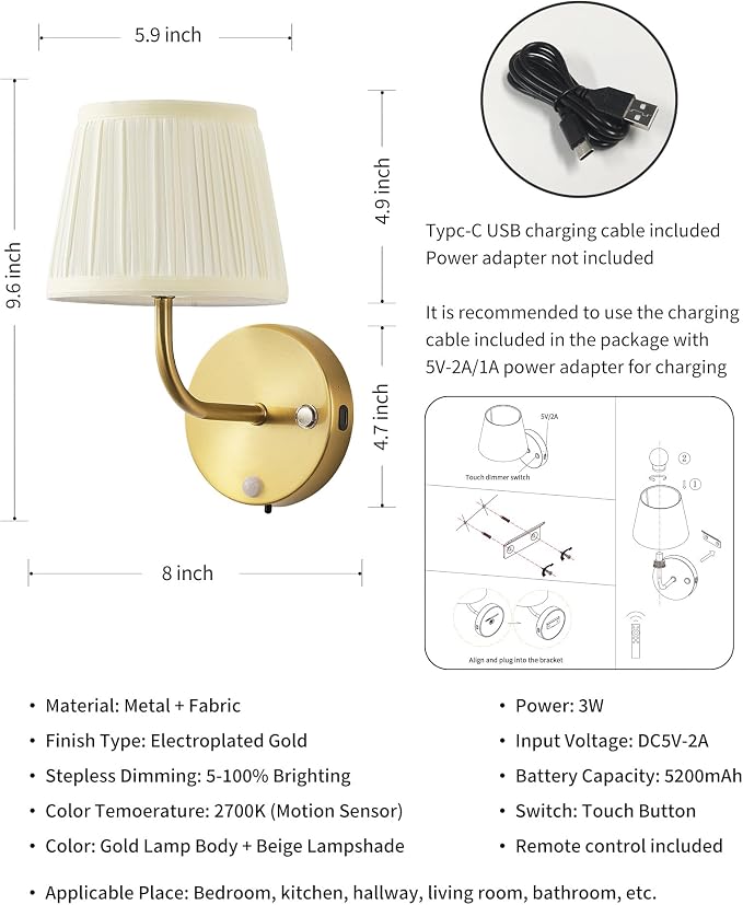 PUSU Motion Sensor Gold H9.6 inch Small Wall Sconces Set of 2, LED Cordless - Image 5