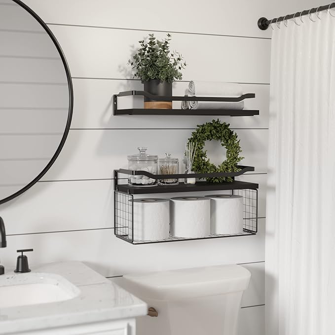 WOPITUES Floating Shelves with Wire Storage Basket, Bathroom Shelves Over - Image 2