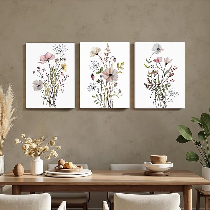 WRFON UnFramed Botanical Canvas Wall Art Set of 3, Watercolor Floral Prints - Image 6