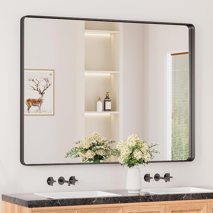 Keonjinn Black Bathroom Mirror for Over Sink, 48” x 36” Large Matte Black by Keonjinn