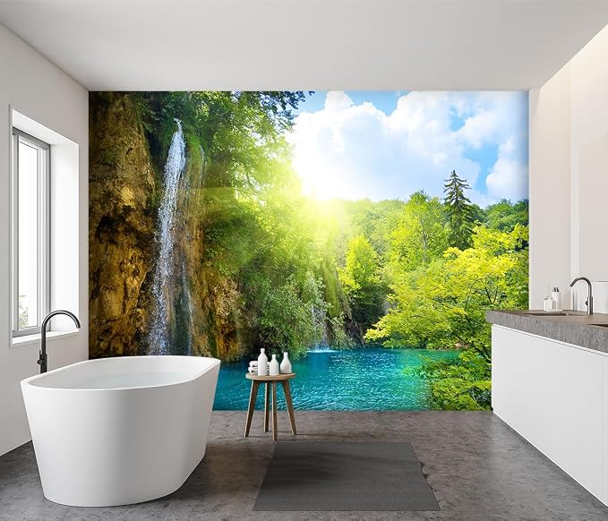 -Green Lake Waterfall Scenery Fabric Wallpaper Living Room Woodland Forest - Image 3