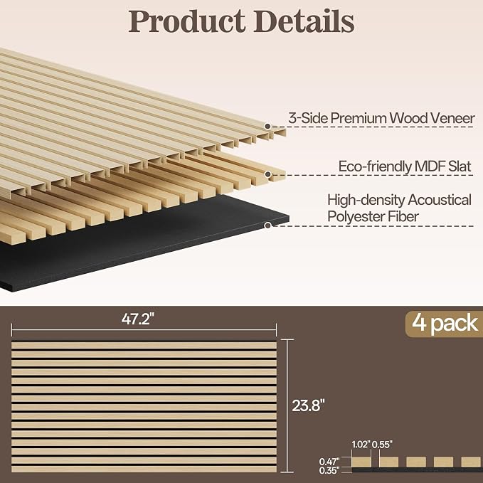 4 Pack Wood Panels for Wall, 47.24" x 23.81" Acoustic Wood Slat Wall Panel for - Image 2