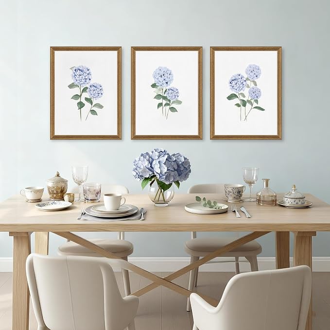 WRFON Blue Hydrangea Framed Wall Art Set of 3, Watercolor Floral Botanical - Image 3