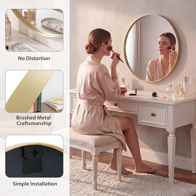DUMOS 24-Inch Round Wall Mirror, Bathroom Wall Circle Mirror - Image 4