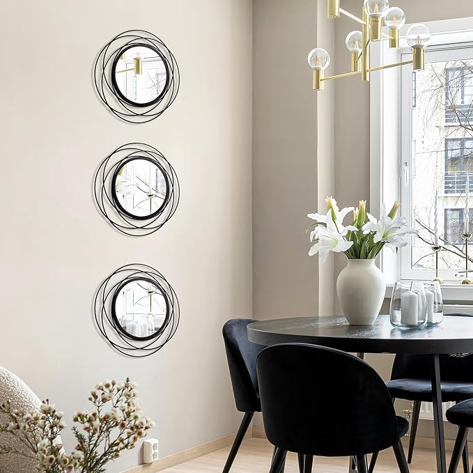 3 Set 9.5 Inch Black Circle Mirrors Wall Decor Iron Frame Wire Mirror Metal - Image 4
