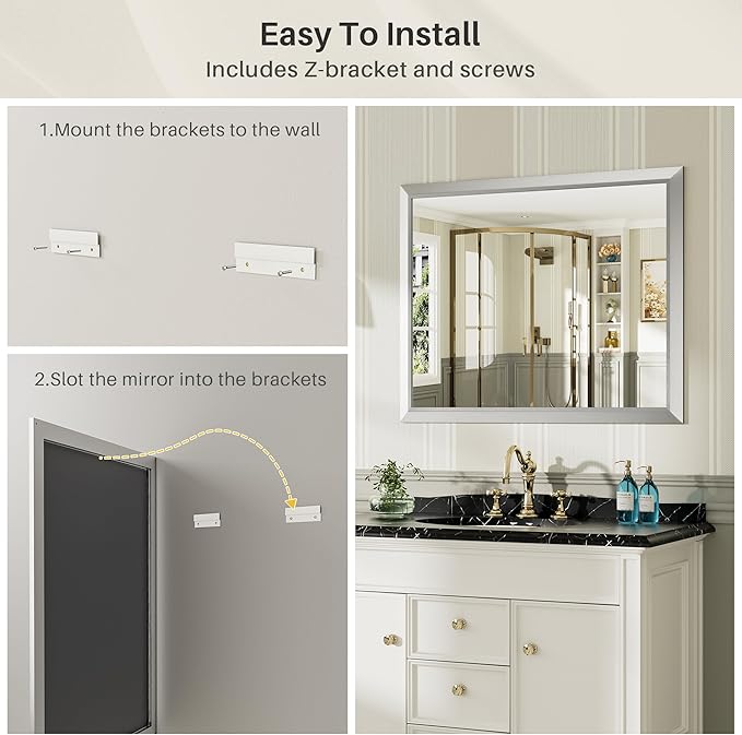 60x36 Inch Brushed Silver Bathroom Mirror - Image 6