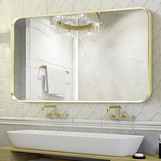 Large Gold Bathroom Mirror, Rounded Corner Rectangular Brushed Gold Frame by Minuover