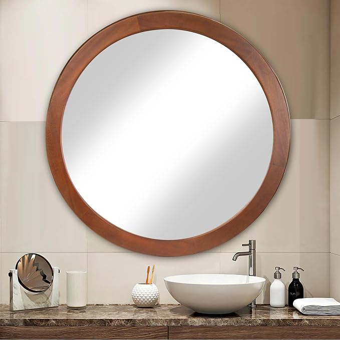 CULER Round Mirror 36 Inch, Wood Rustic Bathroom Tempered Wall Mirror - Image 7