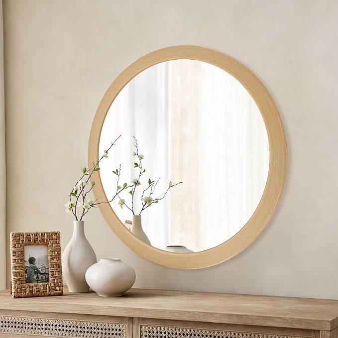 CULER Round Mirrors 24 Inch, Wood Vanity Wall Rustic Mirror, Natural Circle - Image 3
