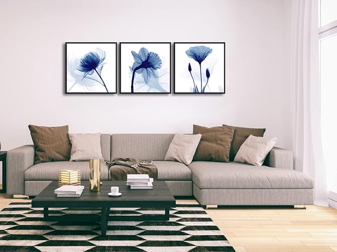 Wieco Art Framed Wall Art Blue Abstract Flowers 3 Panels Canvas Prints Home Art - Image 4