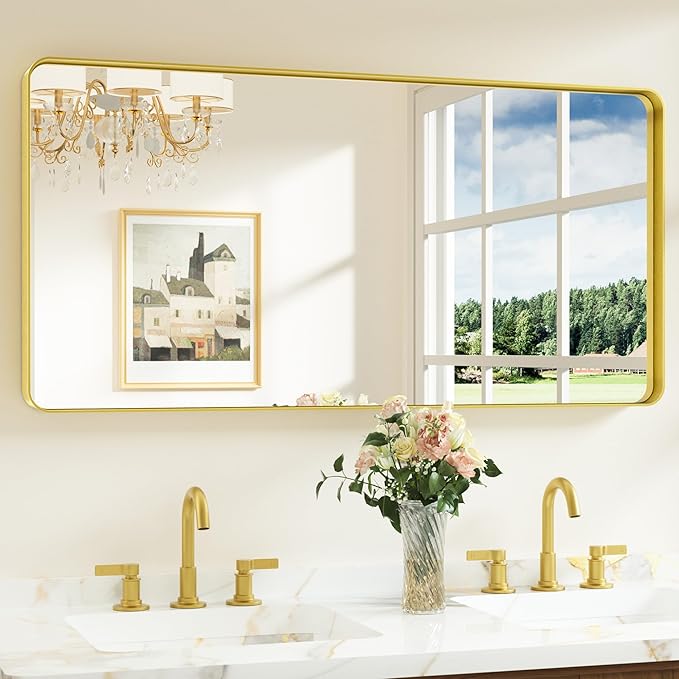 Keonjinn Gold Bathroom Mirrors for Over Sink 48” x 24” Large Brushed Brass by Keonjinn