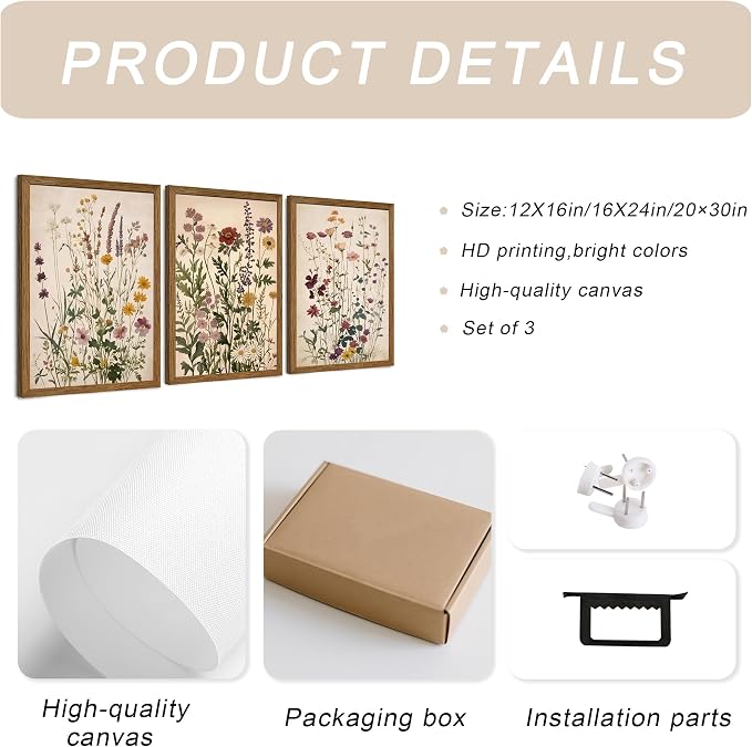 WRFON Botanical and Flower Canvas Wall Art, Framed Wildflower Wall Art Set of 3 - Image 8