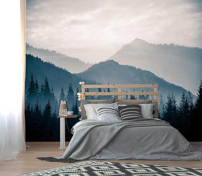 XMPMBM-Foggy Forest Fabric Woodland Wallpaper Pine Forest Living Room Bedroom by XMPMBM-Wallpaperthatwontpeeloff