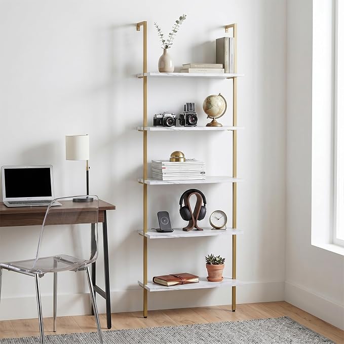 aboxoo Ladder Shelf 2PCS White Marble Bookshelf 5-Tier Wall-Mounted Wood Rack - Image 10