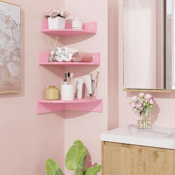 Homode Corner Shelf Wall Mount, 3 Tier Wood Corner Hanging Shelves, Living Room - Image 2