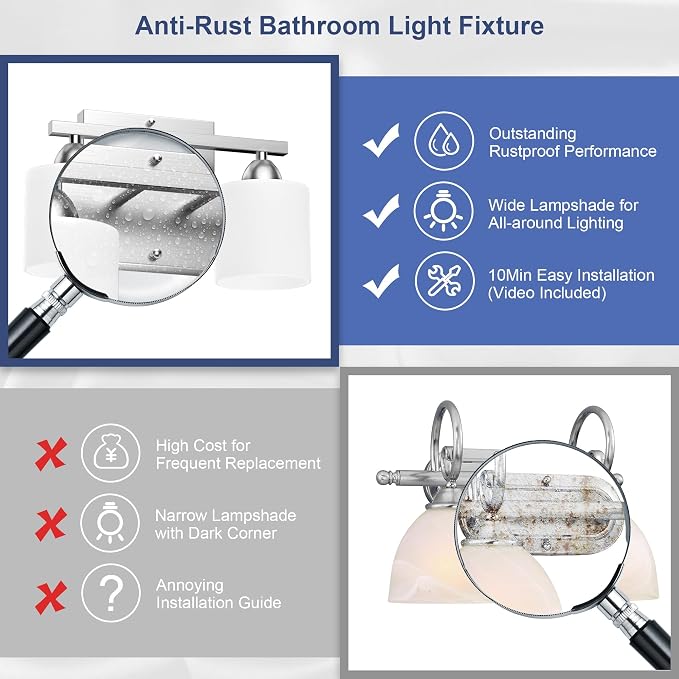 Bathroom Lighting Fixtures Over Mirror Brushed Nickel, Anti-Rust 2-Light - Image 6