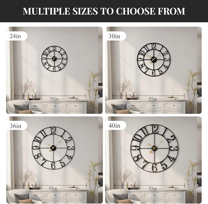 40 Inch Large Wall Clock, Silent Non-Ticking Battery Operated Black Metal Wall - Image 7