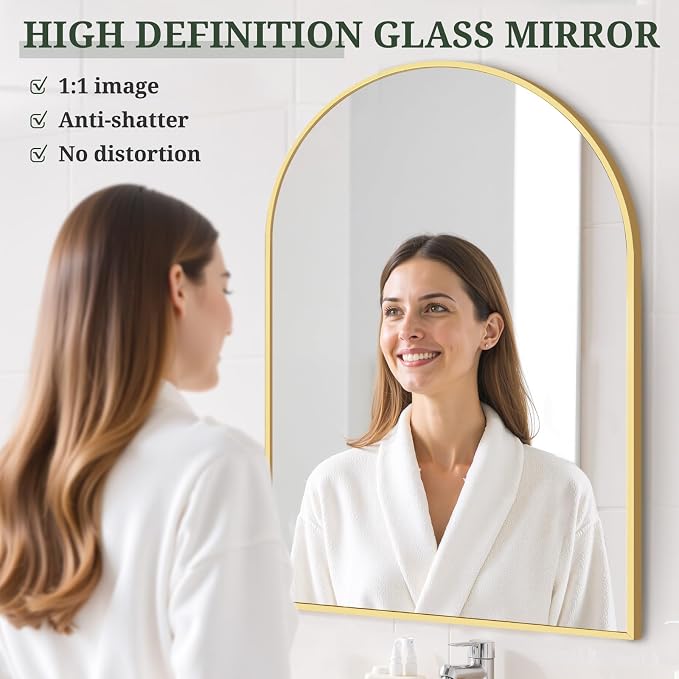 Arched Wall Mirror 38x26 Inch Gold Bathroom Vanity Mirror - Image 4