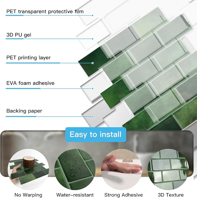 Art3d Peel and Stick Green Wall Tiles – 12"x12" Thicker Design Backsplash - Image 6