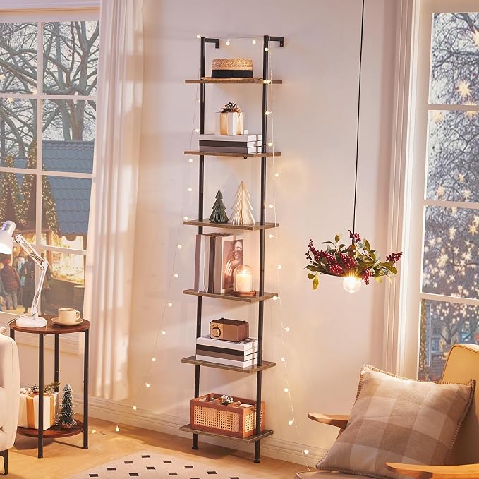 HOOBRO DIY Ladder Shelf, 6-Tier Wooden Wall Mounted Bookshelf, Narrow Bookcase - Image 2