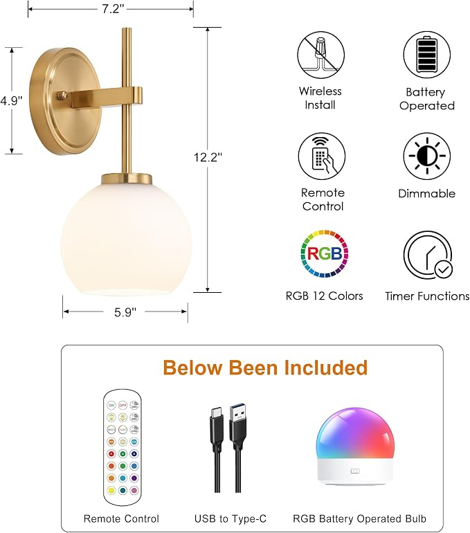 Gold Battery Operated Wall Sconce Set of 2, Wireless Rechargeable Sconces Wall - Image 5