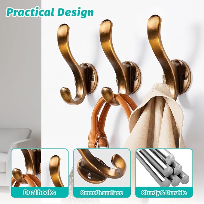Heavy Duty Wall Hooks, Metal Mounting Hardware, Double Prong Design, Decorative - Image 4