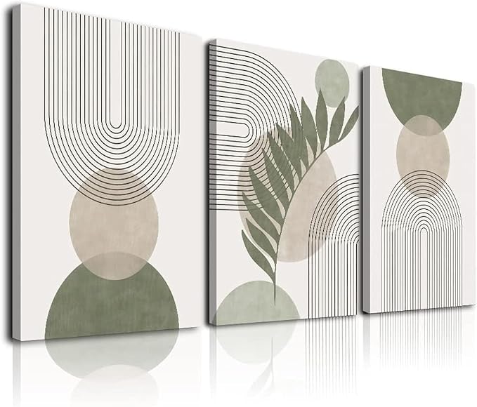 Sage Green Boho Wall Art Set of 3, Minimalist Framed Wall Art Geometric Line by KBKBART