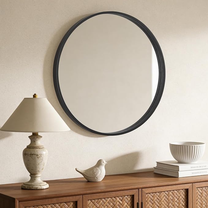 WallBeyond Black Round Mirror Wood Framed 28 inch Circle Wall Mirror - Image 3