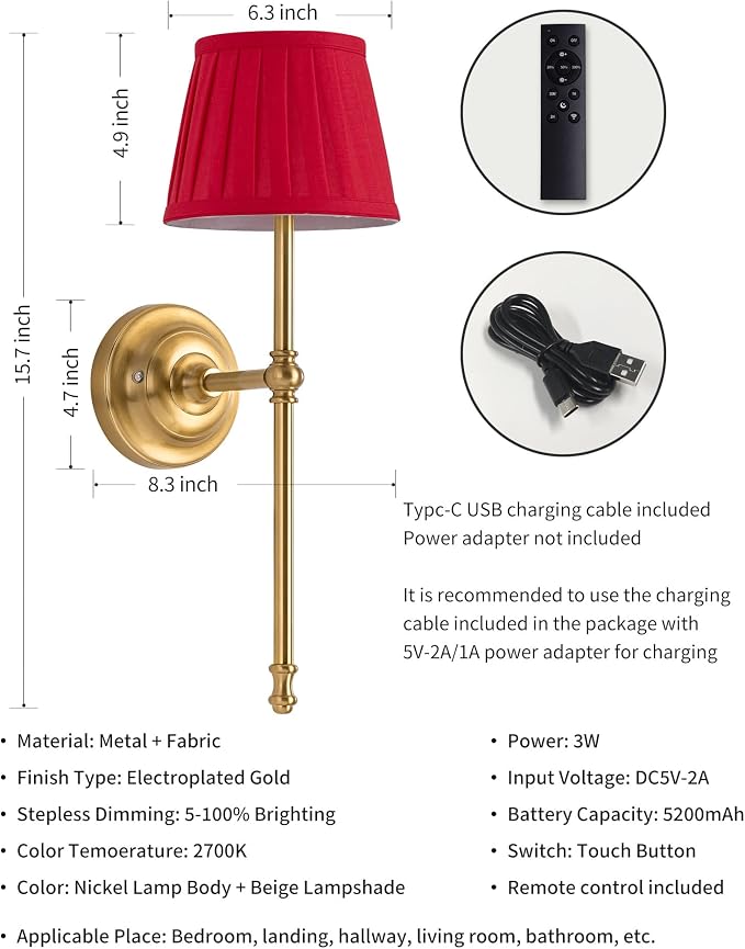 KDG Cordless Wall Sconces Set of 2, Small Wireless 5200mAh Rechargeable Battery - Image 4
