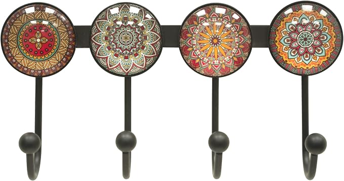 Coat Rack Wall Mounted with 4 Hooks, Round Brown Pattern Decorative Wall Hooks - Image 6