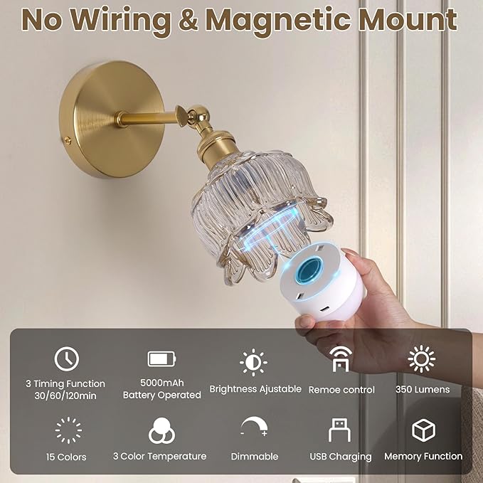 Vintage Battery Operated Wall Sconces - 5000mAh Rechargeable Dimmable Lights - - Image 6