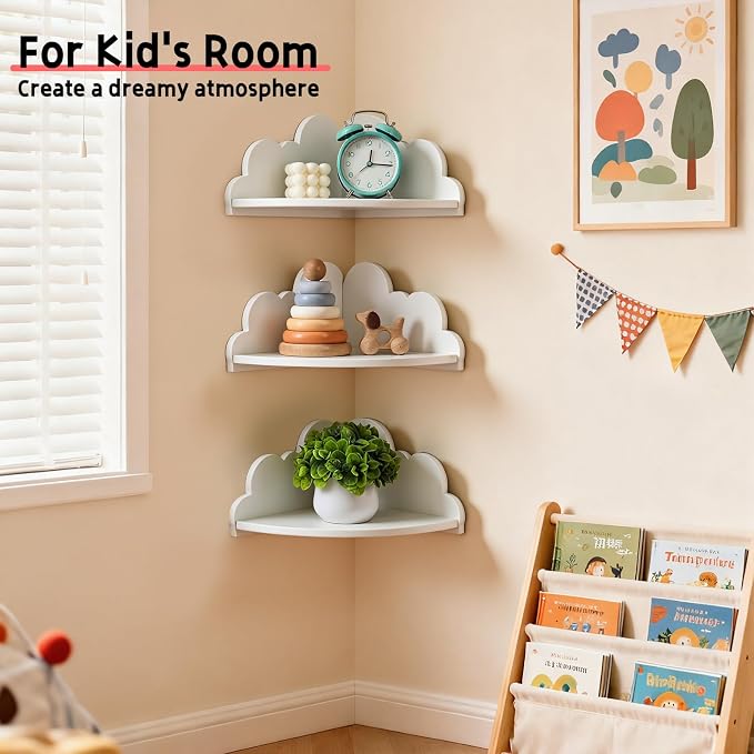 Cloud Corner Floating Shelves，Set of 3 White Corner Wall Shelf Floating Wooden - Image 5