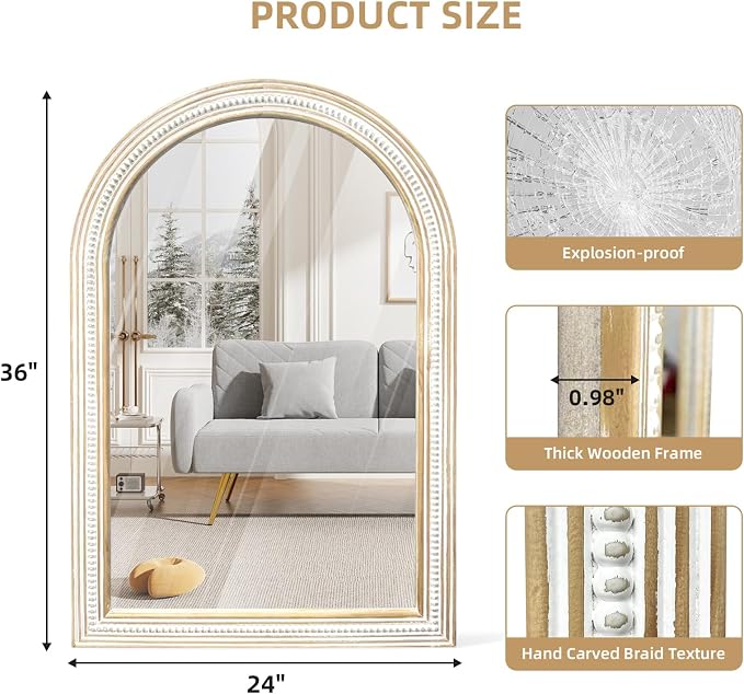 Reflinto 36x24 Inch Rustic Farmhouse Arched Wall Mirror, Distressed Wooden - Image 2