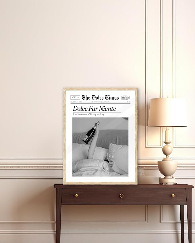 iHery Dolce Far Niente Framed Trendy NewsPaper Wall Art, Natural OAK Wood - Image 3