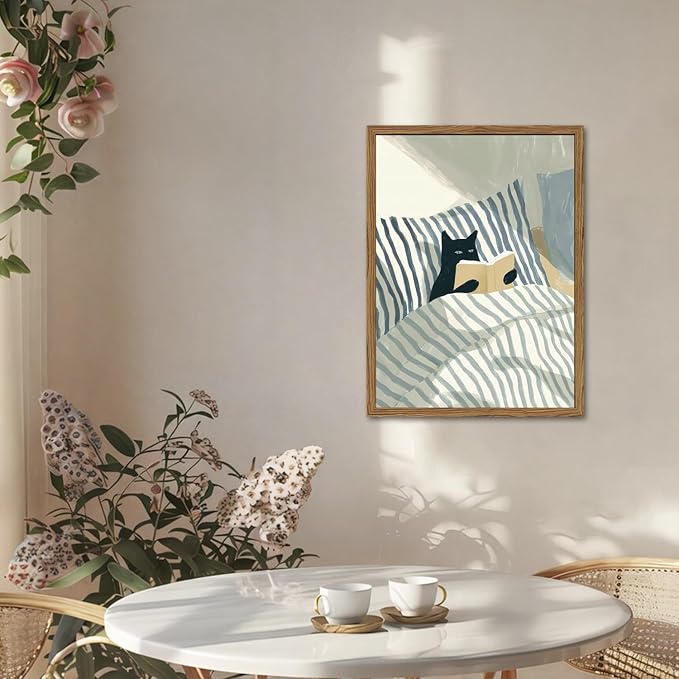 Funny Black Cat Wall Art Painting, Whimsical Cat in Stripe Bed Reading Wall - Image 5