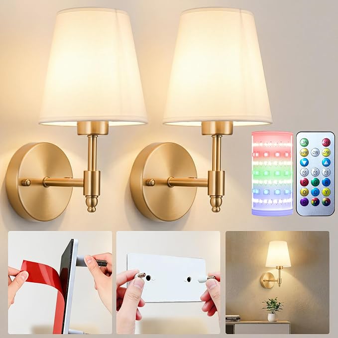 Nekhung Battery Operated Wall Sconces Set of Two, Wireless Battery Wall Light by Nekhung