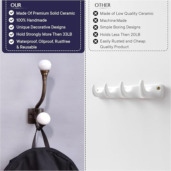 Indian Shelf Pack of 6 Heavy Duty Double Prong White Decorative Coat Hooks - Image 4