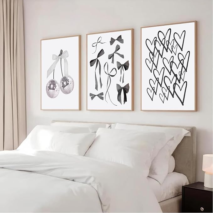 BOKPEN 3pcs Black and White Trendy Preppy Wall Art Bows Disco Ball Many Heart - Image 5
