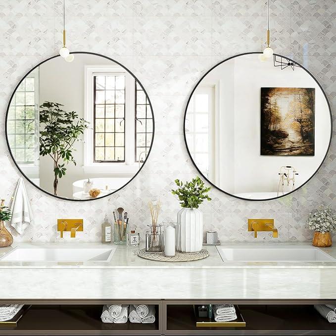 VooBang Black Round Bathroom Mirror, 24 inch Circle Wall Mounted Hanging Mirror - Image 5