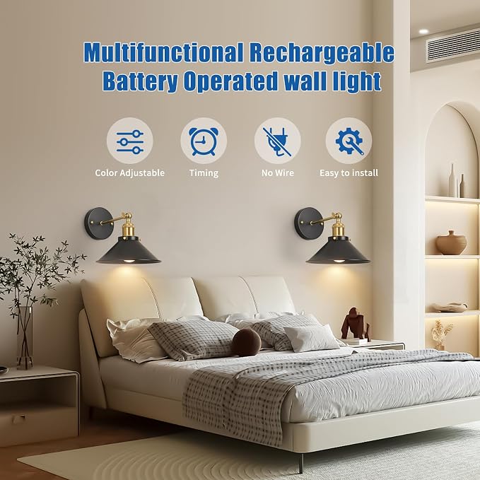 Bailoch Black & Gold Vintage Rechargeable Battery Operated Wall Sconces - Image 7