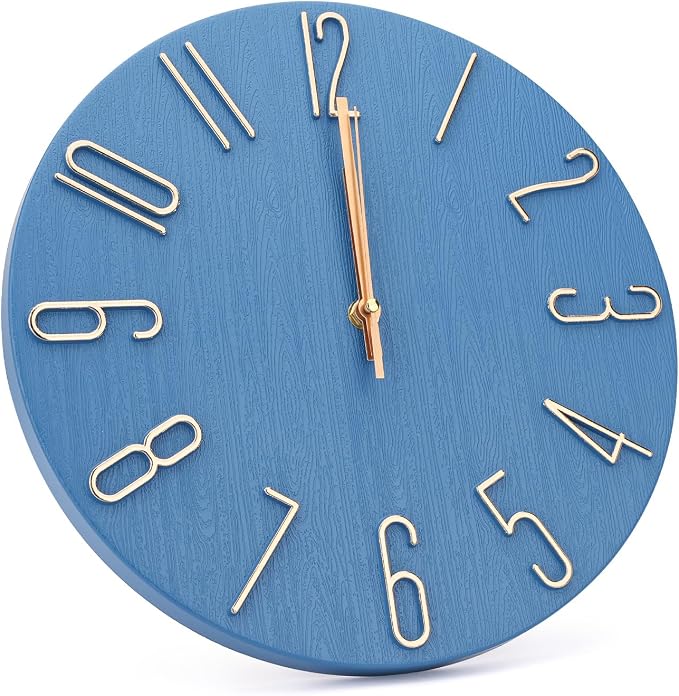 Wall Clock 12 Inch Silent Non-Ticking Imitation Wood Indoor Clock Round Blue - Image 2