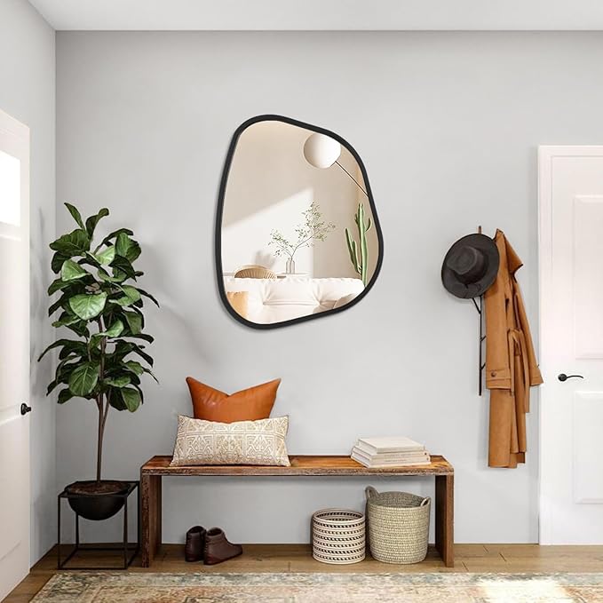 Black Asymmetrical Wall Mirror Large 20"x16" Irregular Oval Mirror Modern Wood - Image 5