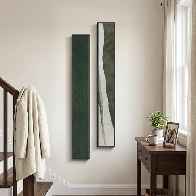 Long Narrow Framed Green Vertical Abstract Wall Art Set, 2 Piece Modern Canvas - Image 2
